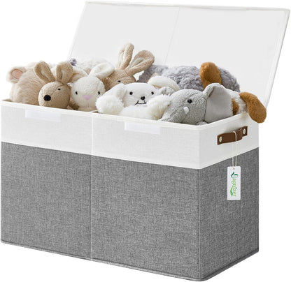 Large Toy Storage Box with Lids, Collapsible Sturdy Baby Storage Organizer Chest Bin Basket for Kids, Boys, Girls, Playroom, Nursery, Bedroom, Closet 25"x13"x16" (Beige and White)