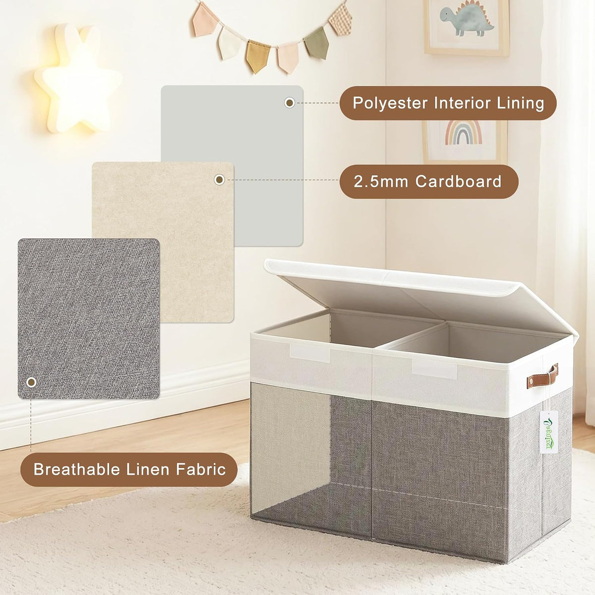 Large Toy Storage Box with Lids, Collapsible Sturdy Baby Storage Organizer Chest Bin Basket for Kids, Boys, Girls, Playroom, Nursery, Bedroom, Closet 25"x13"x16" (Beige and White)