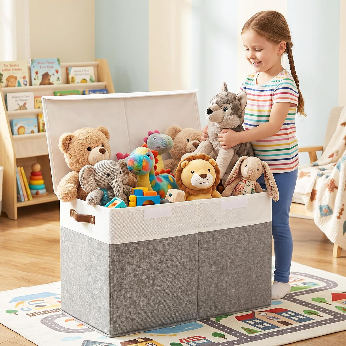 Large Toy Storage Box with Lids, Collapsible Sturdy Baby Storage Organizer Chest Bin Basket for Kids, Boys, Girls, Playroom, Nursery, Bedroom, Closet 25"x13"x16" (Beige and White)