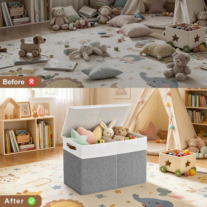 Large Toy Storage Box with Lids, Collapsible Sturdy Baby Storage Organizer Chest Bin Basket for Kids, Boys, Girls, Playroom, Nursery, Bedroom, Closet 25"x13"x16" (Beige and White)