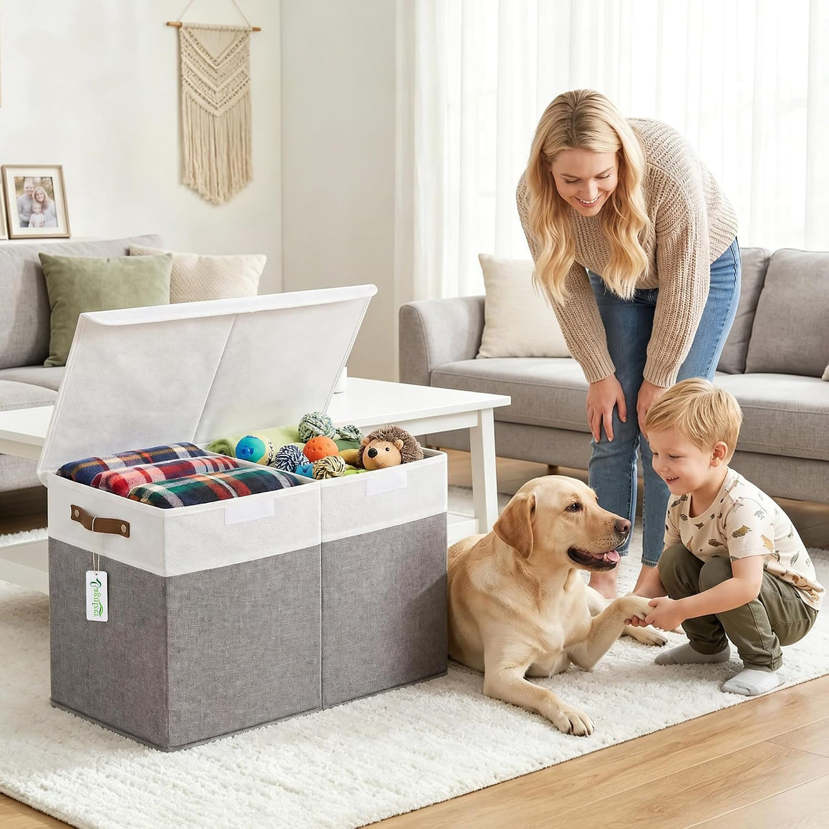 Large Toy Storage Box with Lids, Collapsible Sturdy Baby Storage Organizer Chest Bin Basket for Kids, Boys, Girls, Playroom, Nursery, Bedroom, Closet 25"x13"x16" (Beige and White)
