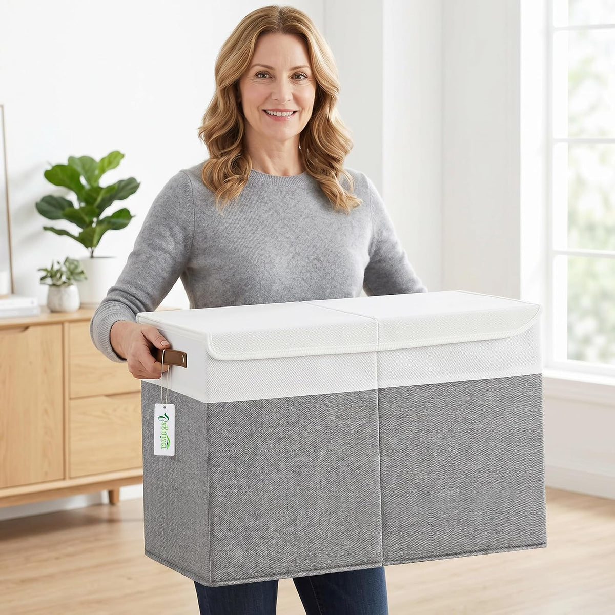 Large Toy Storage Box with Lids, Collapsible Sturdy Baby Storage Organizer Chest Bin Basket for Kids, Boys, Girls, Playroom, Nursery, Bedroom, Closet 25"x13"x16" (Beige and White)