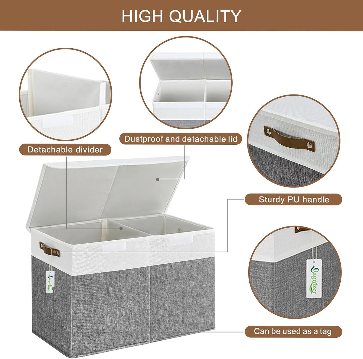 Large Toy Storage Box with Lids, Collapsible Sturdy Baby Storage Organizer Chest Bin Basket for Kids, Boys, Girls, Playroom, Nursery, Bedroom, Closet 25"x13"x16" (Beige and White)