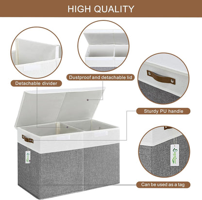 Large Toy Storage Box with Lids, Collapsible Sturdy Baby Storage Organizer Chest Bin Basket for Kids, Boys, Girls, Playroom, Nursery, Bedroom, Closet 25"x13"x16" (Beige and White)