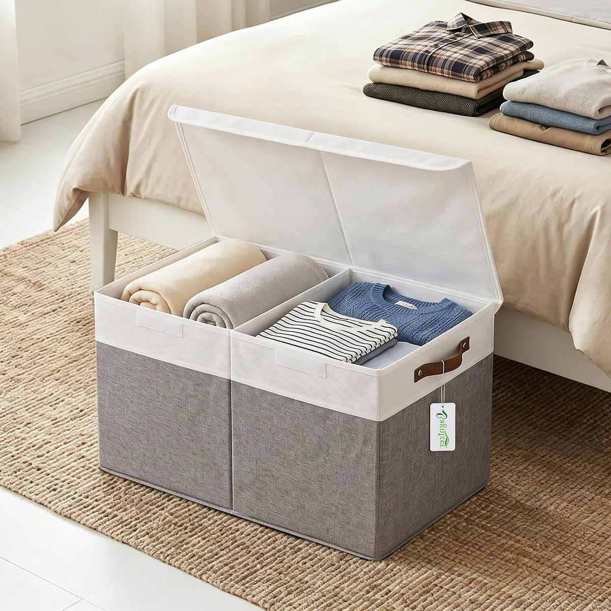 Large Toy Storage Box with Lids, Collapsible Sturdy Baby Storage Organizer Chest Bin Basket for Kids, Boys, Girls, Playroom, Nursery, Bedroom, Closet 25"x13"x16" (Beige and White)