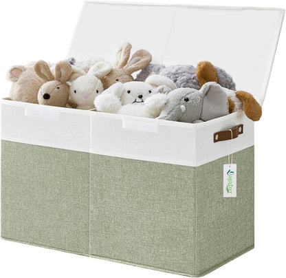Large Toy Storage Box with Lids, Collapsible Sturdy Baby Storage Organizer Chest Bin Basket for Kids, Boys, Girls, Playroom, Nursery, Bedroom, Closet 25"x13"x16" (Beige and White)