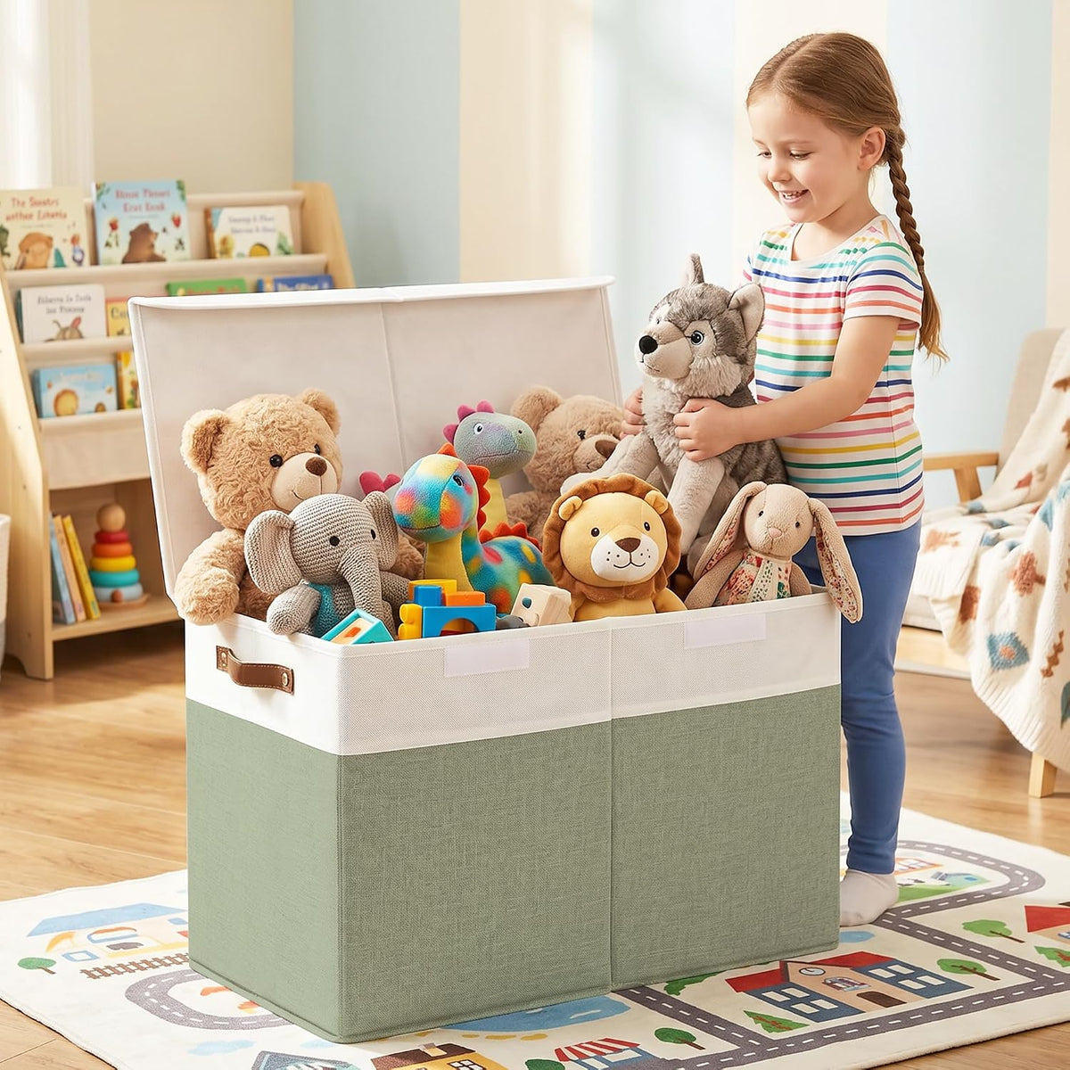 Large Toy Storage Box with Lids, Collapsible Sturdy Baby Storage Organizer Chest Bin Basket for Kids, Boys, Girls, Playroom, Nursery, Bedroom, Closet 25"x13"x16" (Beige and White)
