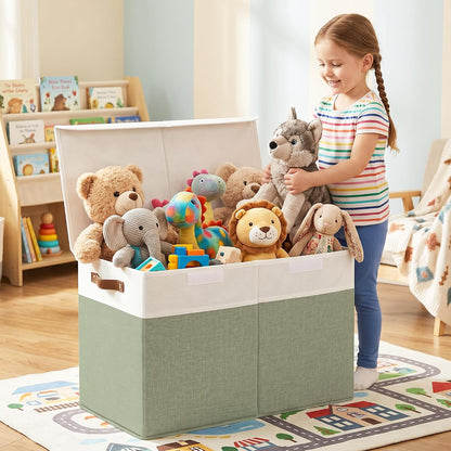 Large Toy Storage Box with Lids, Collapsible Sturdy Baby Storage Organizer Chest Bin Basket for Kids, Boys, Girls, Playroom, Nursery, Bedroom, Closet 25"x13"x16" (Beige and White)