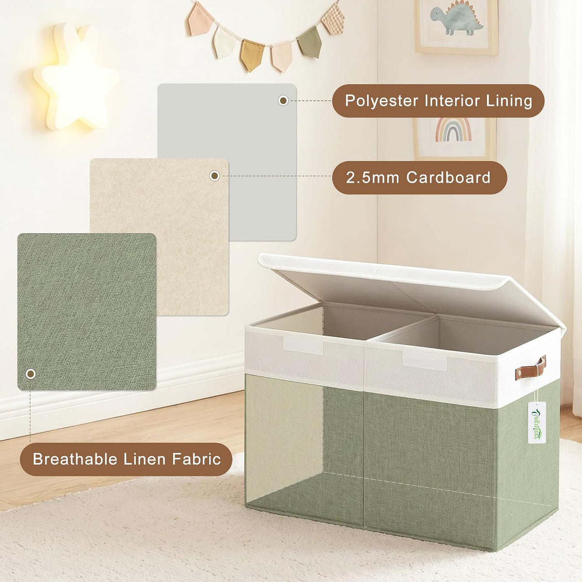 Large Toy Storage Box with Lids, Collapsible Sturdy Baby Storage Organizer Chest Bin Basket for Kids, Boys, Girls, Playroom, Nursery, Bedroom, Closet 25"x13"x16" (Beige and White)