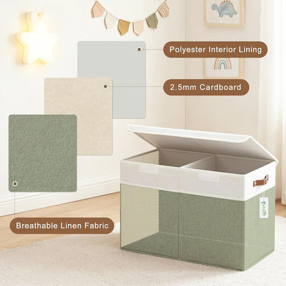 Large Toy Storage Box with Lids, Collapsible Sturdy Baby Storage Organizer Chest Bin Basket for Kids, Boys, Girls, Playroom, Nursery, Bedroom, Closet 25"x13"x16" (Beige and White)