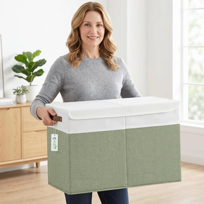 Large Toy Storage Box with Lids, Collapsible Sturdy Baby Storage Organizer Chest Bin Basket for Kids, Boys, Girls, Playroom, Nursery, Bedroom, Closet 25"x13"x16" (Beige and White)