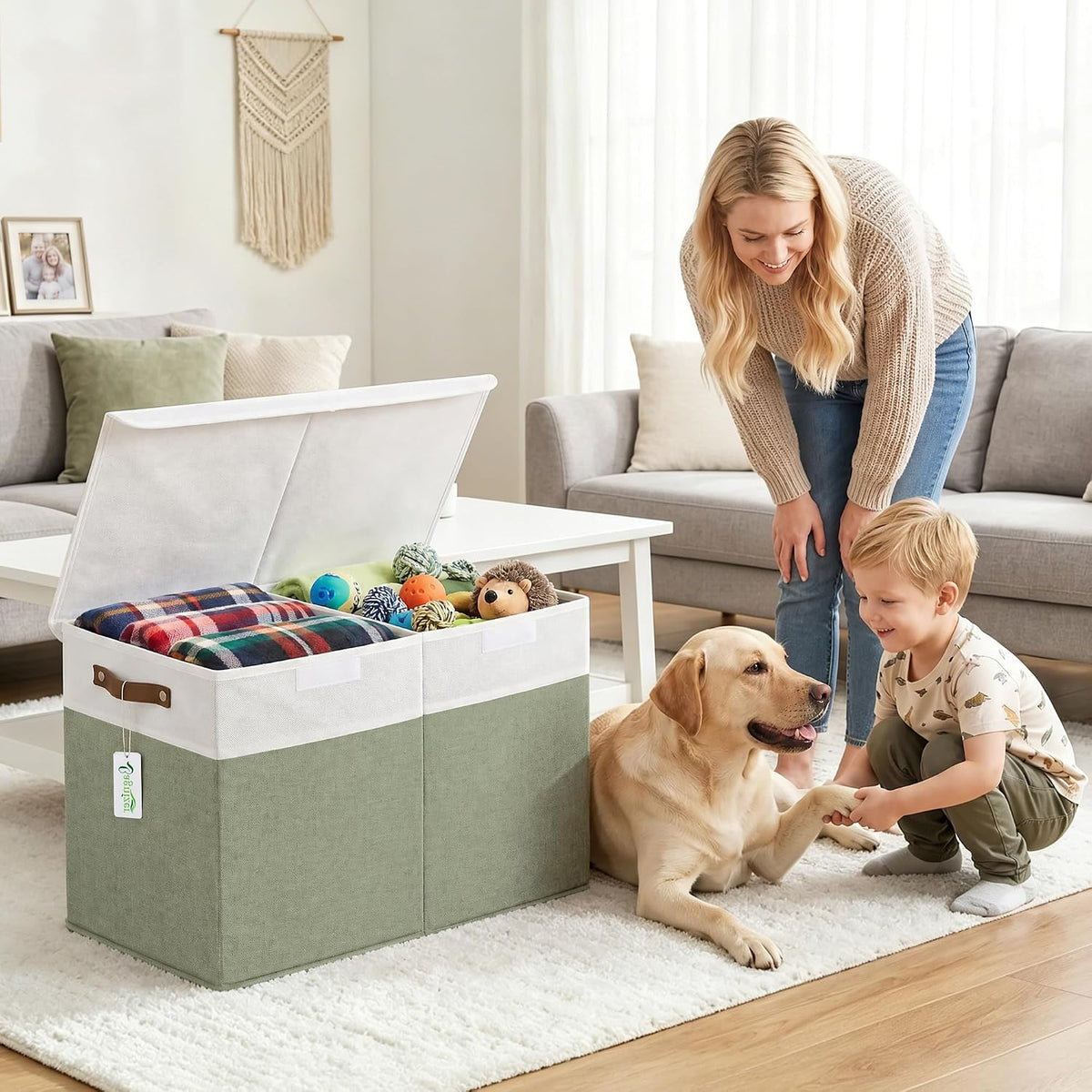 Large Toy Storage Box with Lids, Collapsible Sturdy Baby Storage Organizer Chest Bin Basket for Kids, Boys, Girls, Playroom, Nursery, Bedroom, Closet 25"x13"x16" (Beige and White)