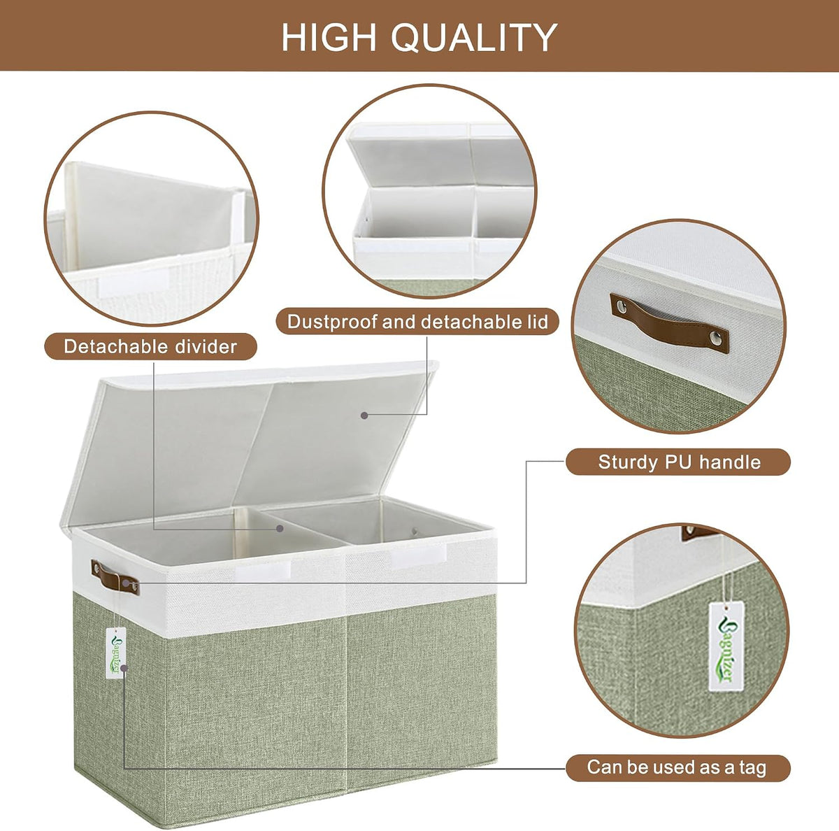 Large Toy Storage Box with Lids, Collapsible Sturdy Baby Storage Organizer Chest Bin Basket for Kids, Boys, Girls, Playroom, Nursery, Bedroom, Closet 25"x13"x16" (Beige and White)