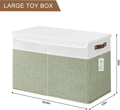 Large Toy Storage Box with Lids, Collapsible Sturdy Baby Storage Organizer Chest Bin Basket for Kids, Boys, Girls, Playroom, Nursery, Bedroom, Closet 25"x13"x16" (Beige and White)