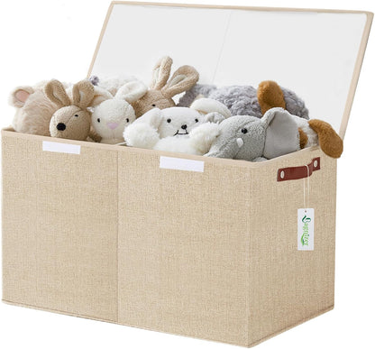 Large Toy Storage Box with Lids, Collapsible Sturdy Baby Storage Organizer Chest Bin Basket for Kids, Boys, Girls, Playroom, Nursery, Bedroom, Closet 25"x13"x16" (Beige and White)