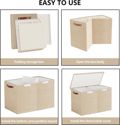 Large Toy Storage Box with Lids, Collapsible Sturdy Baby Storage Organizer Chest Bin Basket for Kids, Boys, Girls, Playroom, Nursery, Bedroom, Closet 25"x13"x16" (Beige and White)