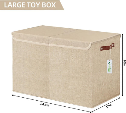 Large Toy Storage Box with Lids, Collapsible Sturdy Baby Storage Organizer Chest Bin Basket for Kids, Boys, Girls, Playroom, Nursery, Bedroom, Closet 25"x13"x16" (Beige and White)