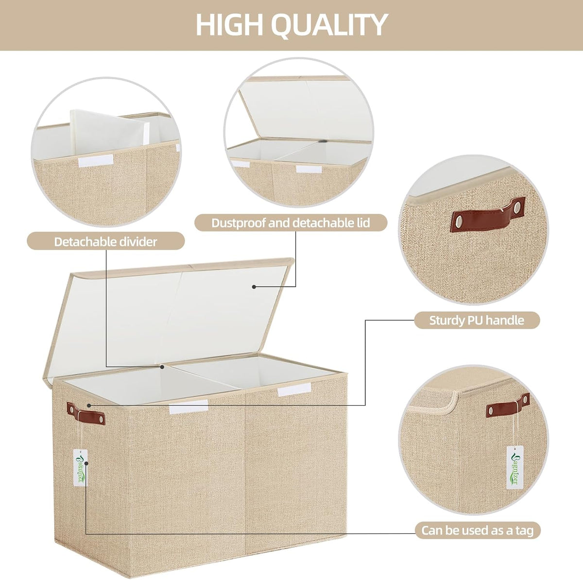 Large Toy Storage Box with Lids, Collapsible Sturdy Baby Storage Organizer Chest Bin Basket for Kids, Boys, Girls, Playroom, Nursery, Bedroom, Closet 25"x13"x16" (Beige and White)