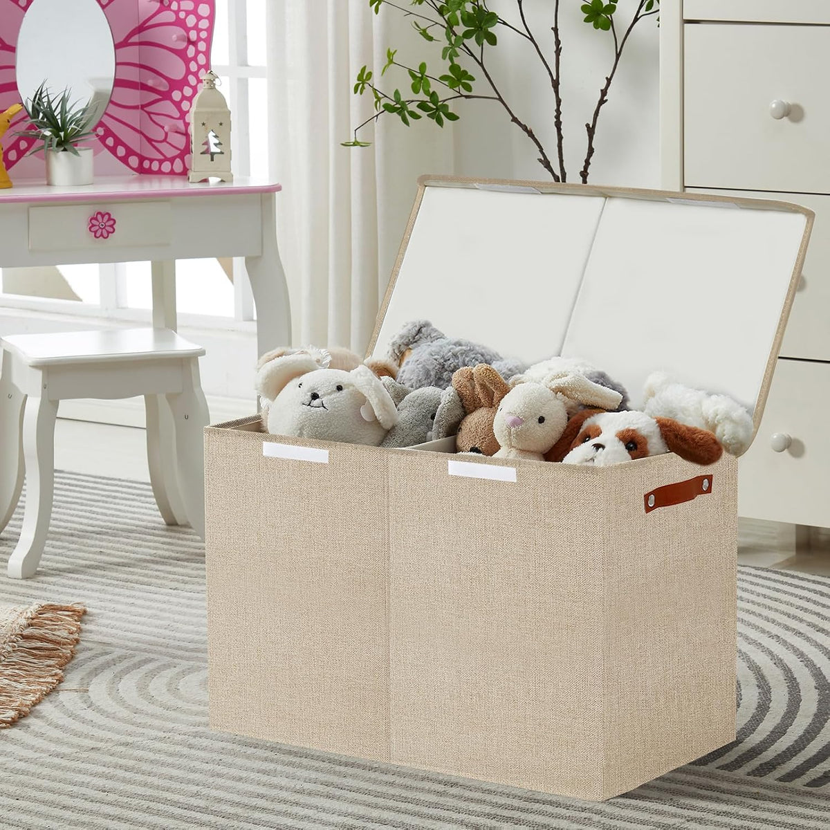 Large Toy Storage Box with Lids, Collapsible Sturdy Baby Storage Organizer Chest Bin Basket for Kids, Boys, Girls, Playroom, Nursery, Bedroom, Closet 25"x13"x16" (Beige and White)
