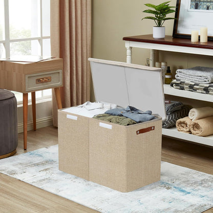 Large Toy Storage Box with Lids, Collapsible Sturdy Baby Storage Organizer Chest Bin Basket for Kids, Boys, Girls, Playroom, Nursery, Bedroom, Closet 25"x13"x16" (Beige and White)