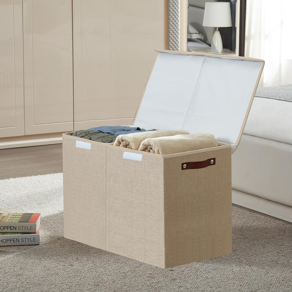 Large Toy Storage Box with Lids, Collapsible Sturdy Baby Storage Organizer Chest Bin Basket for Kids, Boys, Girls, Playroom, Nursery, Bedroom, Closet 25"x13"x16" (Beige and White)