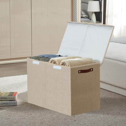 Large Toy Storage Box with Lids, Collapsible Sturdy Baby Storage Organizer Chest Bin Basket for Kids, Boys, Girls, Playroom, Nursery, Bedroom, Closet 25"x13"x16" (Beige and White)
