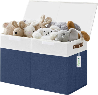 Large Toy Storage Box with Lids, Collapsible Sturdy Baby Storage Organizer Chest Bin Basket for Kids, Boys, Girls, Playroom, Nursery, Bedroom, Closet 25"x13"x16" (Beige and White)