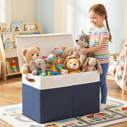 Large Toy Storage Box with Lids, Collapsible Sturdy Baby Storage Organizer Chest Bin Basket for Kids, Boys, Girls, Playroom, Nursery, Bedroom, Closet 25"x13"x16" (Beige and White)