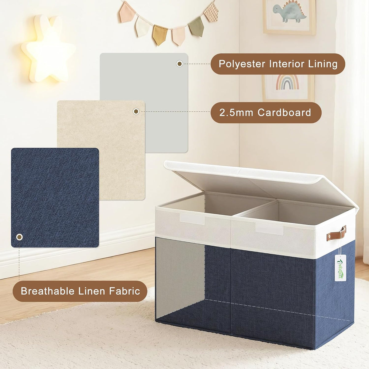 Large Toy Storage Box with Lids, Collapsible Sturdy Baby Storage Organizer Chest Bin Basket for Kids, Boys, Girls, Playroom, Nursery, Bedroom, Closet 25"x13"x16" (Beige and White)