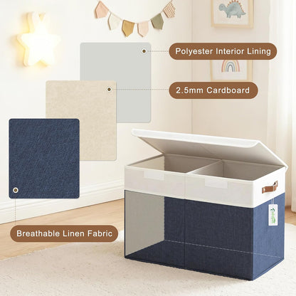 Large Toy Storage Box with Lids, Collapsible Sturdy Baby Storage Organizer Chest Bin Basket for Kids, Boys, Girls, Playroom, Nursery, Bedroom, Closet 25"x13"x16" (Beige and White)
