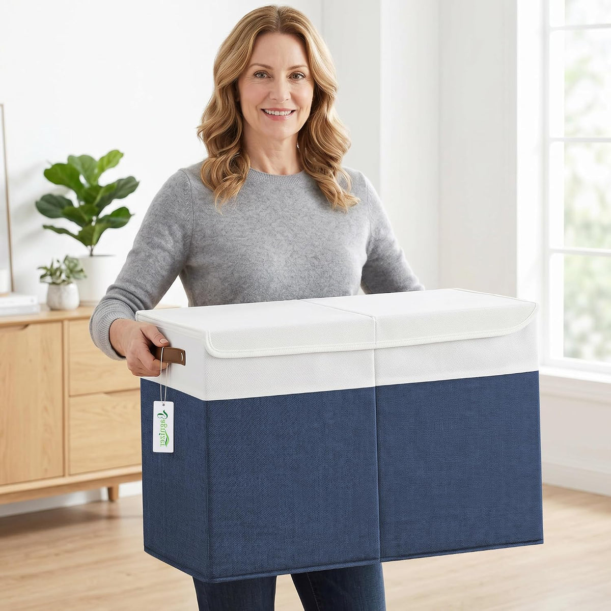 Large Toy Storage Box with Lids, Collapsible Sturdy Baby Storage Organizer Chest Bin Basket for Kids, Boys, Girls, Playroom, Nursery, Bedroom, Closet 25"x13"x16" (Beige and White)