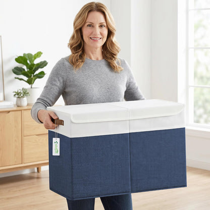 Large Toy Storage Box with Lids, Collapsible Sturdy Baby Storage Organizer Chest Bin Basket for Kids, Boys, Girls, Playroom, Nursery, Bedroom, Closet 25"x13"x16" (Beige and White)