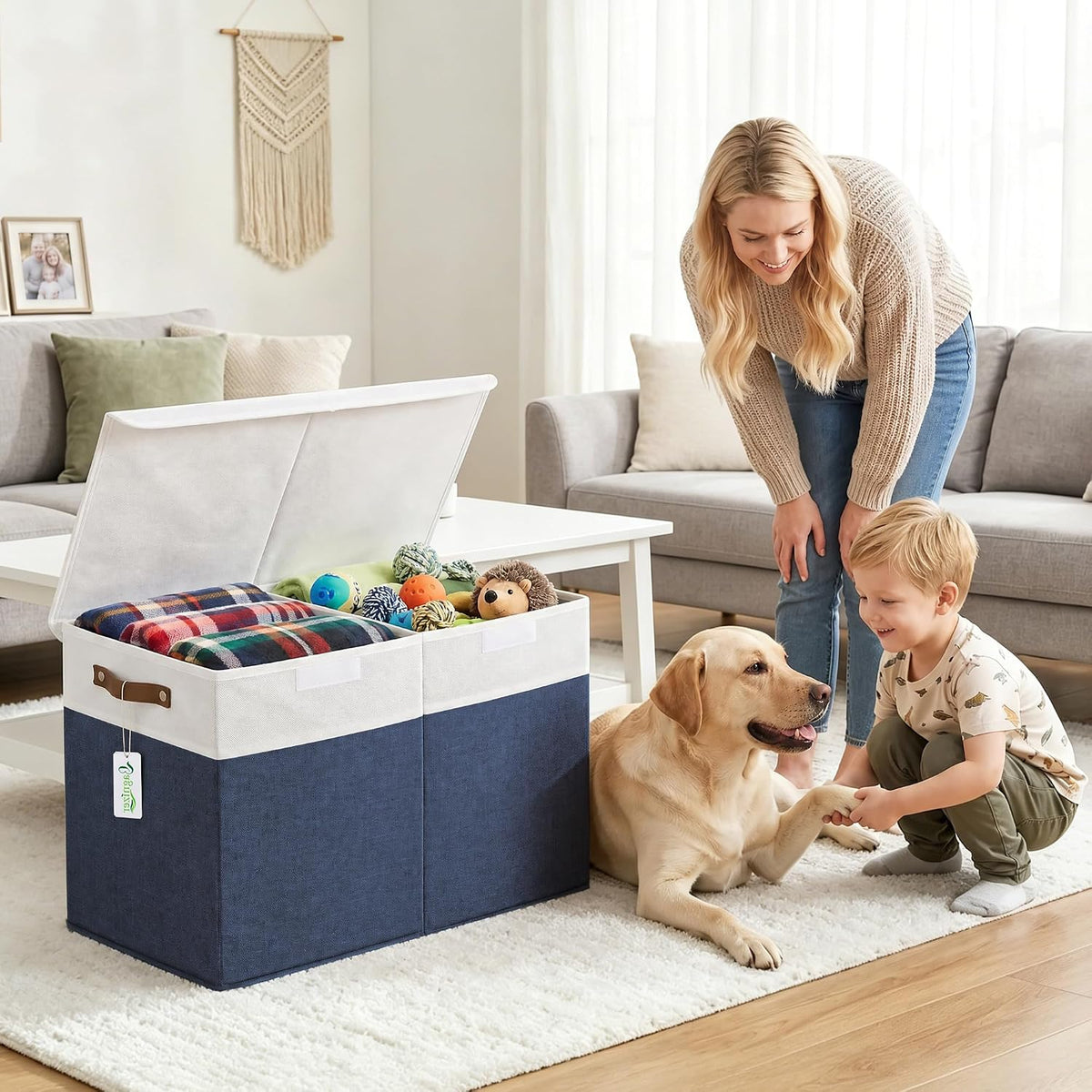 Large Toy Storage Box with Lids, Collapsible Sturdy Baby Storage Organizer Chest Bin Basket for Kids, Boys, Girls, Playroom, Nursery, Bedroom, Closet 25"x13"x16" (Beige and White)