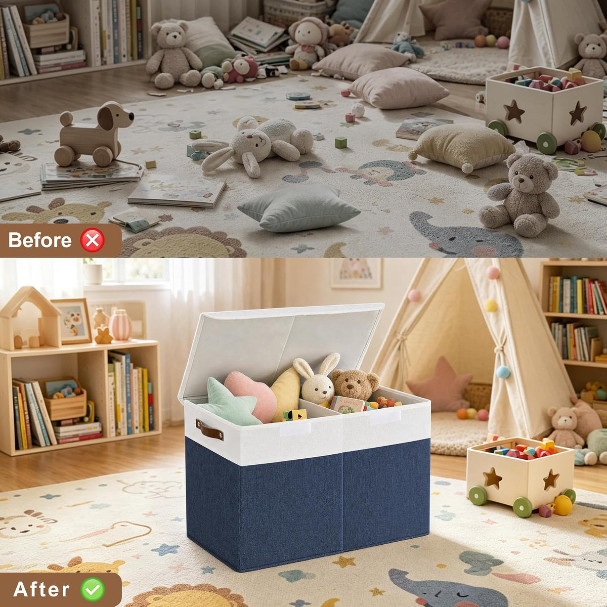 Large Toy Storage Box with Lids, Collapsible Sturdy Baby Storage Organizer Chest Bin Basket for Kids, Boys, Girls, Playroom, Nursery, Bedroom, Closet 25"x13"x16" (Beige and White)