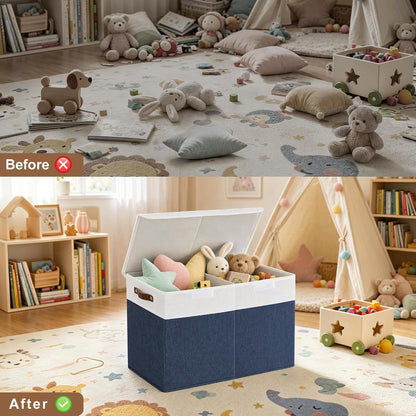 Large Toy Storage Box with Lids, Collapsible Sturdy Baby Storage Organizer Chest Bin Basket for Kids, Boys, Girls, Playroom, Nursery, Bedroom, Closet 25"x13"x16" (Beige and White)