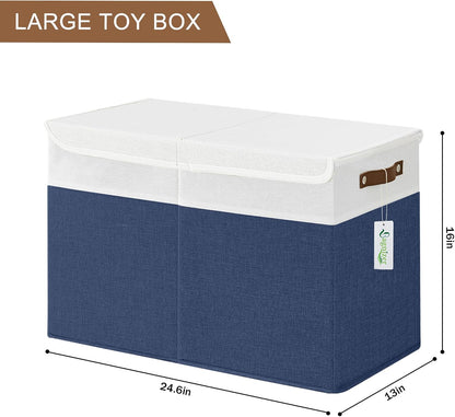 Large Toy Storage Box with Lids, Collapsible Sturdy Baby Storage Organizer Chest Bin Basket for Kids, Boys, Girls, Playroom, Nursery, Bedroom, Closet 25"x13"x16" (Beige and White)