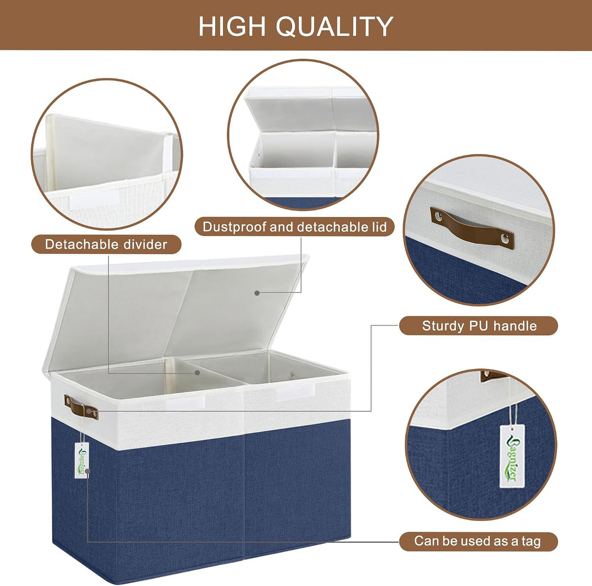 Large Toy Storage Box with Lids, Collapsible Sturdy Baby Storage Organizer Chest Bin Basket for Kids, Boys, Girls, Playroom, Nursery, Bedroom, Closet 25"x13"x16" (Beige and White)