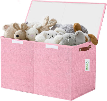 Large Toy Storage Box with Lids, Collapsible Sturdy Baby Storage Organizer Chest Bin Basket for Kids, Boys, Girls, Playroom, Nursery, Bedroom, Closet 25"x13"x16" (Beige and White)