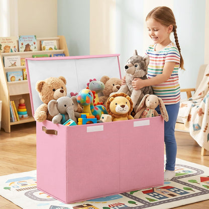 Large Toy Storage Box with Lids, Collapsible Sturdy Baby Storage Organizer Chest Bin Basket for Kids, Boys, Girls, Playroom, Nursery, Bedroom, Closet 25"x13"x16" (Beige and White)