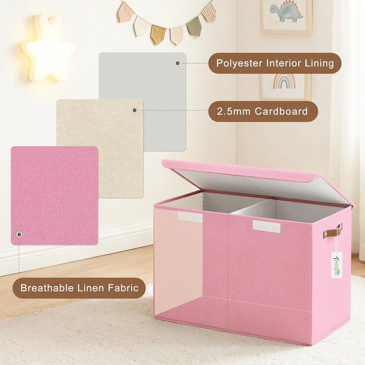 Large Toy Storage Box with Lids, Collapsible Sturdy Baby Storage Organizer Chest Bin Basket for Kids, Boys, Girls, Playroom, Nursery, Bedroom, Closet 25"x13"x16" (Beige and White)