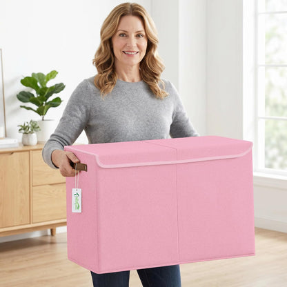 Large Toy Storage Box with Lids, Collapsible Sturdy Baby Storage Organizer Chest Bin Basket for Kids, Boys, Girls, Playroom, Nursery, Bedroom, Closet 25"x13"x16" (Beige and White)