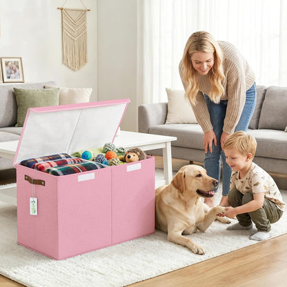 Large Toy Storage Box with Lids, Collapsible Sturdy Baby Storage Organizer Chest Bin Basket for Kids, Boys, Girls, Playroom, Nursery, Bedroom, Closet 25"x13"x16" (Beige and White)