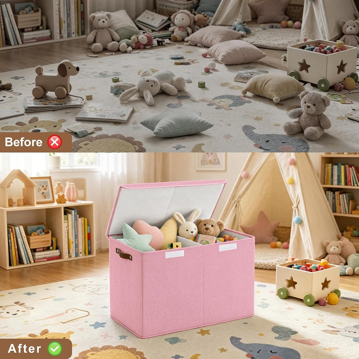 Large Toy Storage Box with Lids, Collapsible Sturdy Baby Storage Organizer Chest Bin Basket for Kids, Boys, Girls, Playroom, Nursery, Bedroom, Closet 25"x13"x16" (Beige and White)