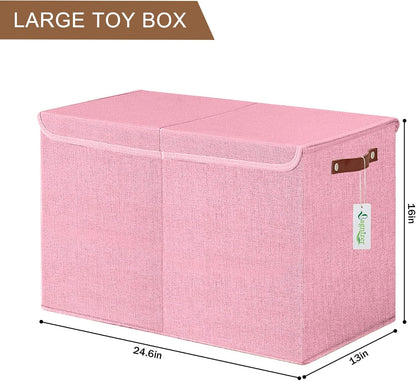 Large Toy Storage Box with Lids, Collapsible Sturdy Baby Storage Organizer Chest Bin Basket for Kids, Boys, Girls, Playroom, Nursery, Bedroom, Closet 25"x13"x16" (Beige and White)