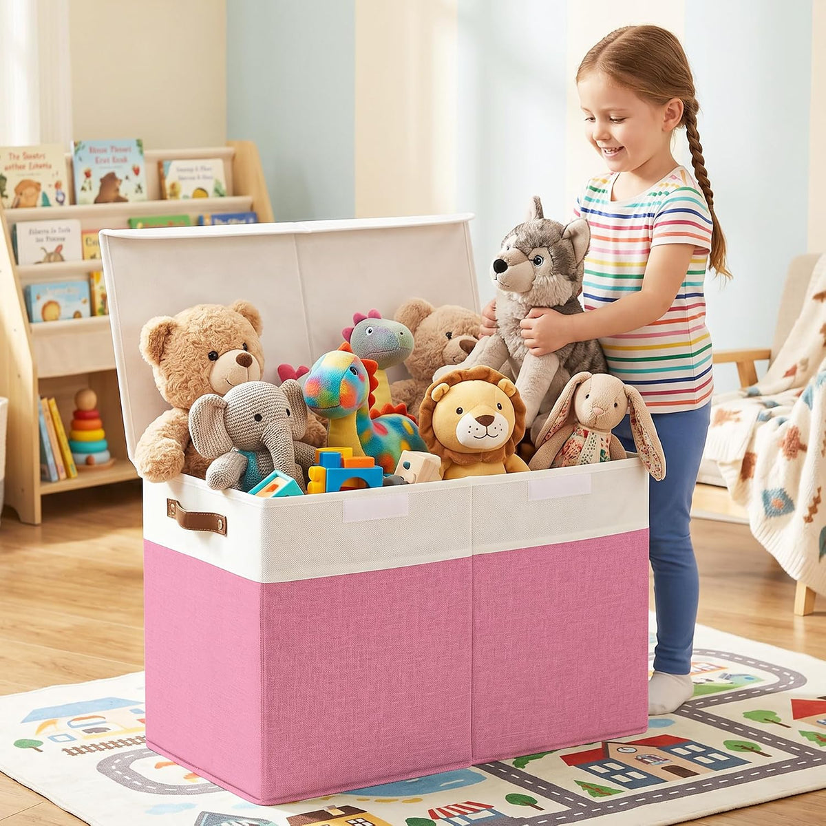 Large Toy Storage Box with Lids, Collapsible Sturdy Baby Storage Organizer Chest Bin Basket for Kids, Boys, Girls, Playroom, Nursery, Bedroom, Closet 25"x13"x16" (Beige and White)