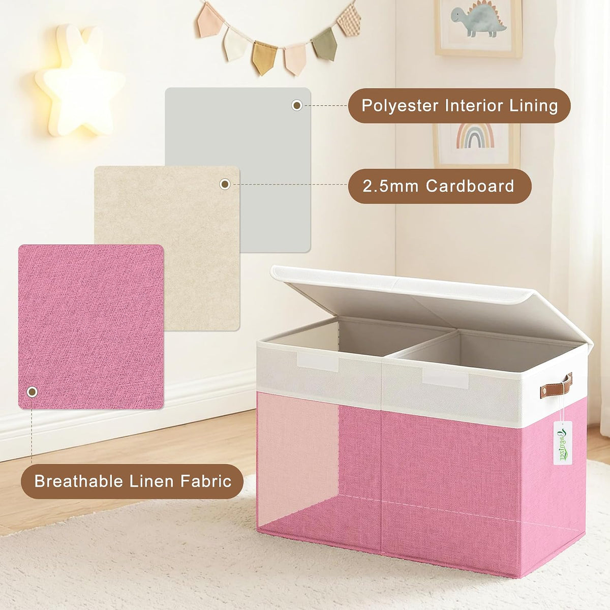 Large Toy Storage Box with Lids, Collapsible Sturdy Baby Storage Organizer Chest Bin Basket for Kids, Boys, Girls, Playroom, Nursery, Bedroom, Closet 25"x13"x16" (Beige and White)