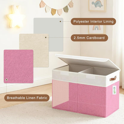 Large Toy Storage Box with Lids, Collapsible Sturdy Baby Storage Organizer Chest Bin Basket for Kids, Boys, Girls, Playroom, Nursery, Bedroom, Closet 25"x13"x16" (Beige and White)
