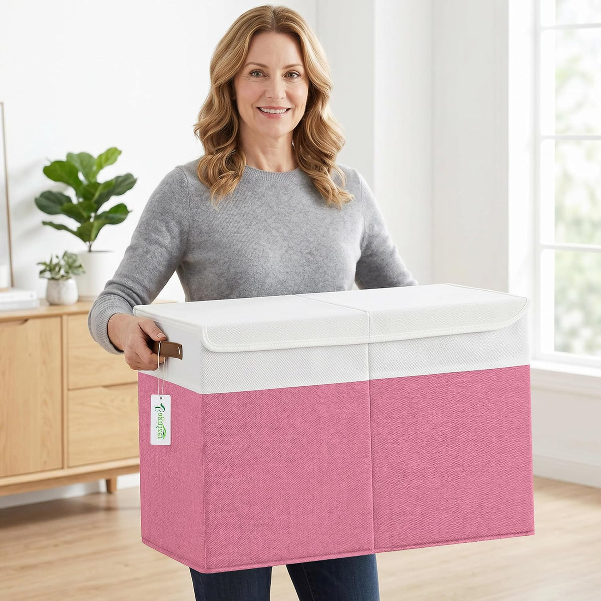 Large Toy Storage Box with Lids, Collapsible Sturdy Baby Storage Organizer Chest Bin Basket for Kids, Boys, Girls, Playroom, Nursery, Bedroom, Closet 25"x13"x16" (Beige and White)