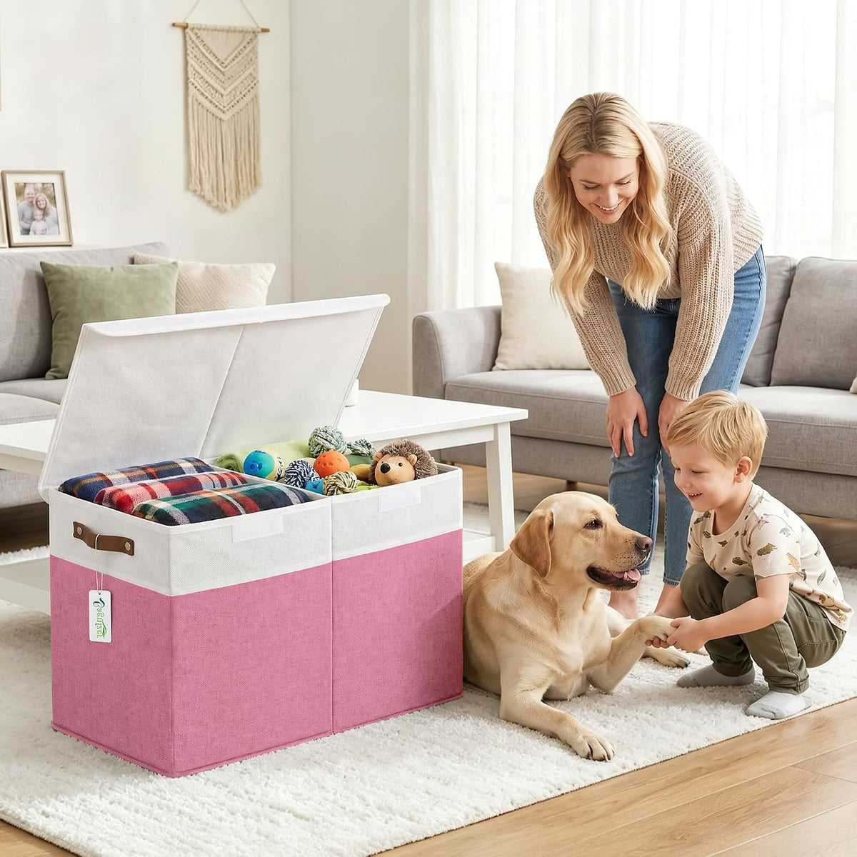 Large Toy Storage Box with Lids, Collapsible Sturdy Baby Storage Organizer Chest Bin Basket for Kids, Boys, Girls, Playroom, Nursery, Bedroom, Closet 25"x13"x16" (Beige and White)
