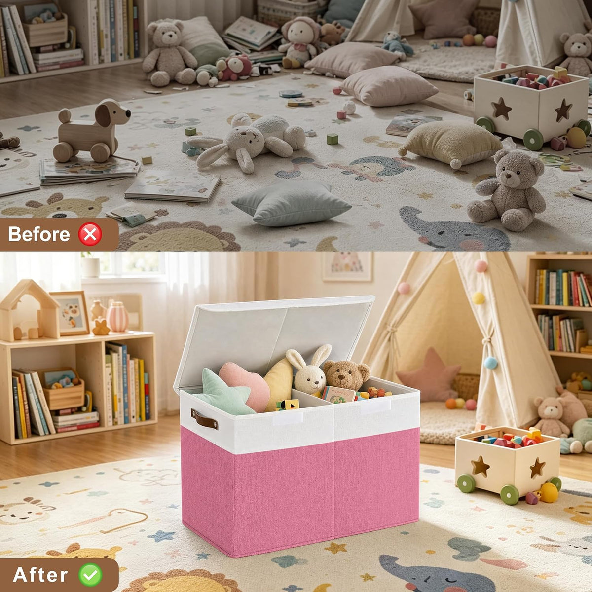 Large Toy Storage Box with Lids, Collapsible Sturdy Baby Storage Organizer Chest Bin Basket for Kids, Boys, Girls, Playroom, Nursery, Bedroom, Closet 25"x13"x16" (Beige and White)